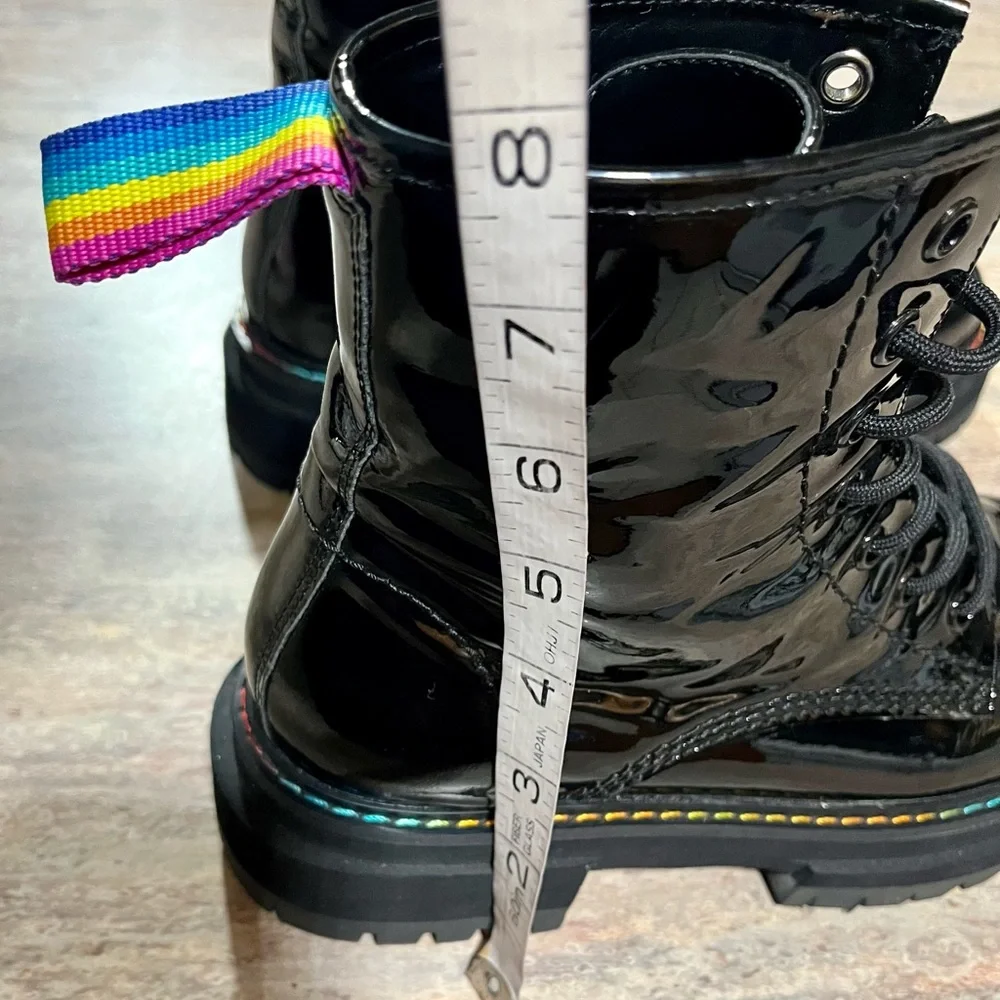 Kurt Geiger London Birdie black glossy combat boots with rainbow 🌈 stitching - Picture 15 of 16